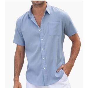 QSJ Men's Casual Linen Short Sleeve Button Down Shirt, Large